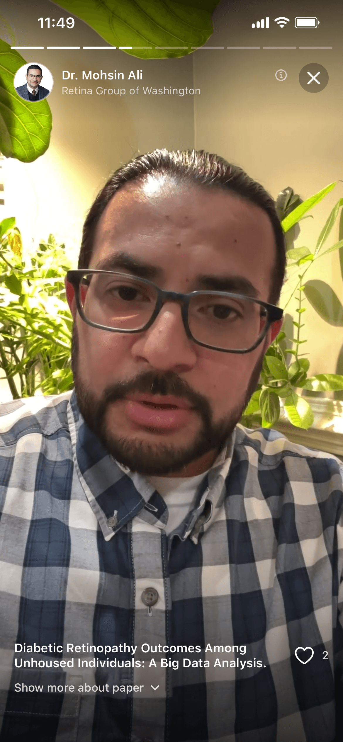 Cited app showing a retina specialist's Story-style video