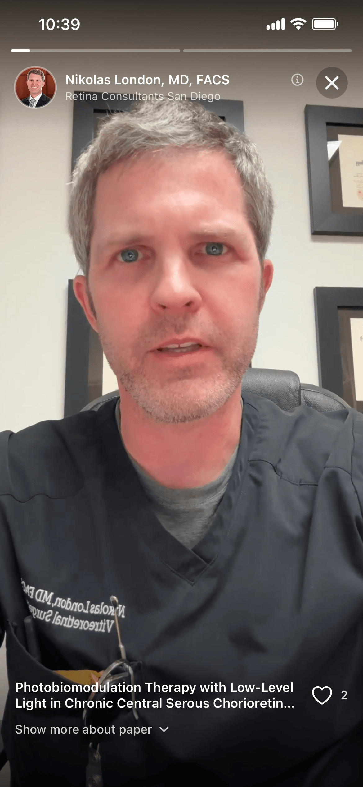 Cited app showing a retina specialist's Story-style video