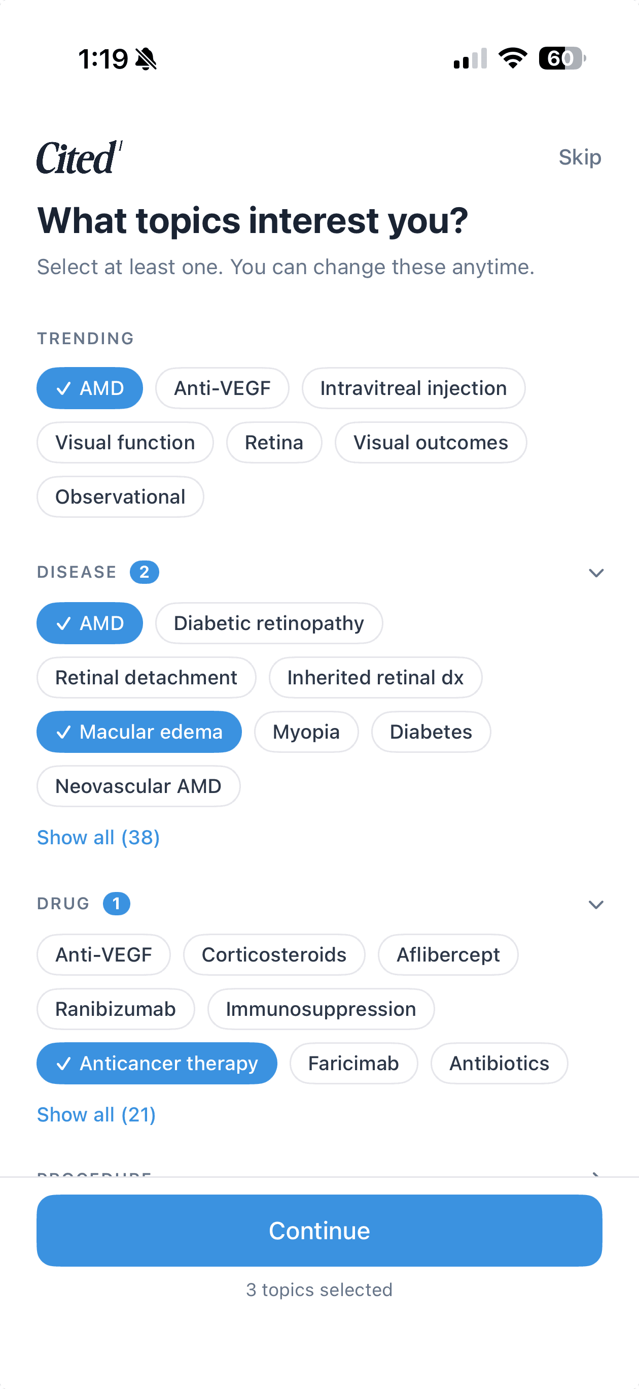 Cited topic picker for selecting retina conditions to follow