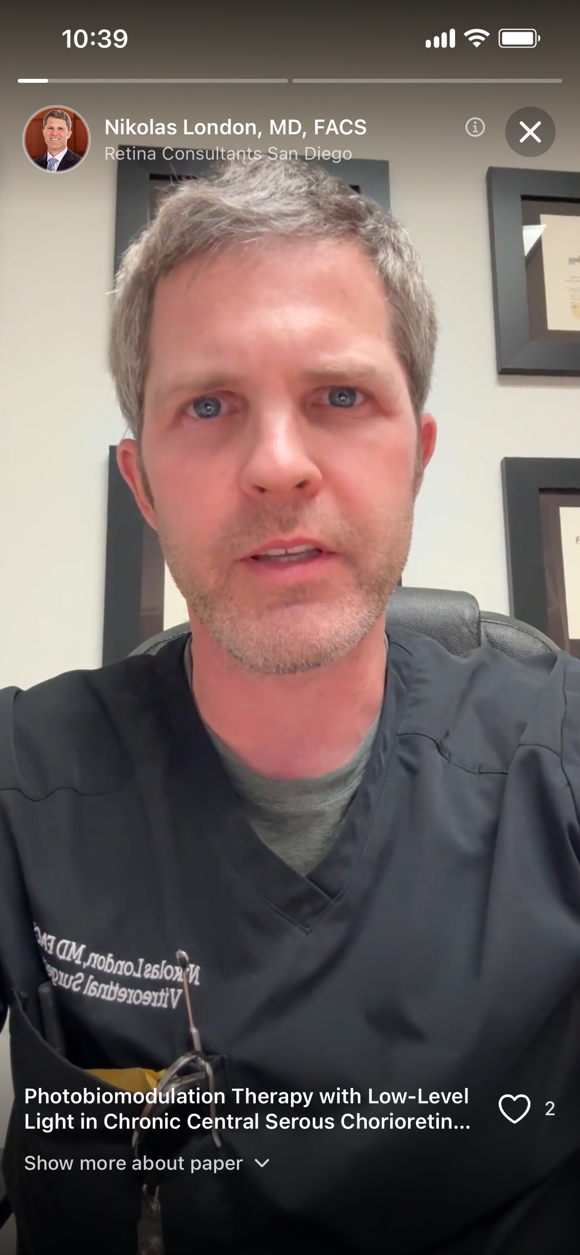 Cited app showing a retina specialist's Story-style video