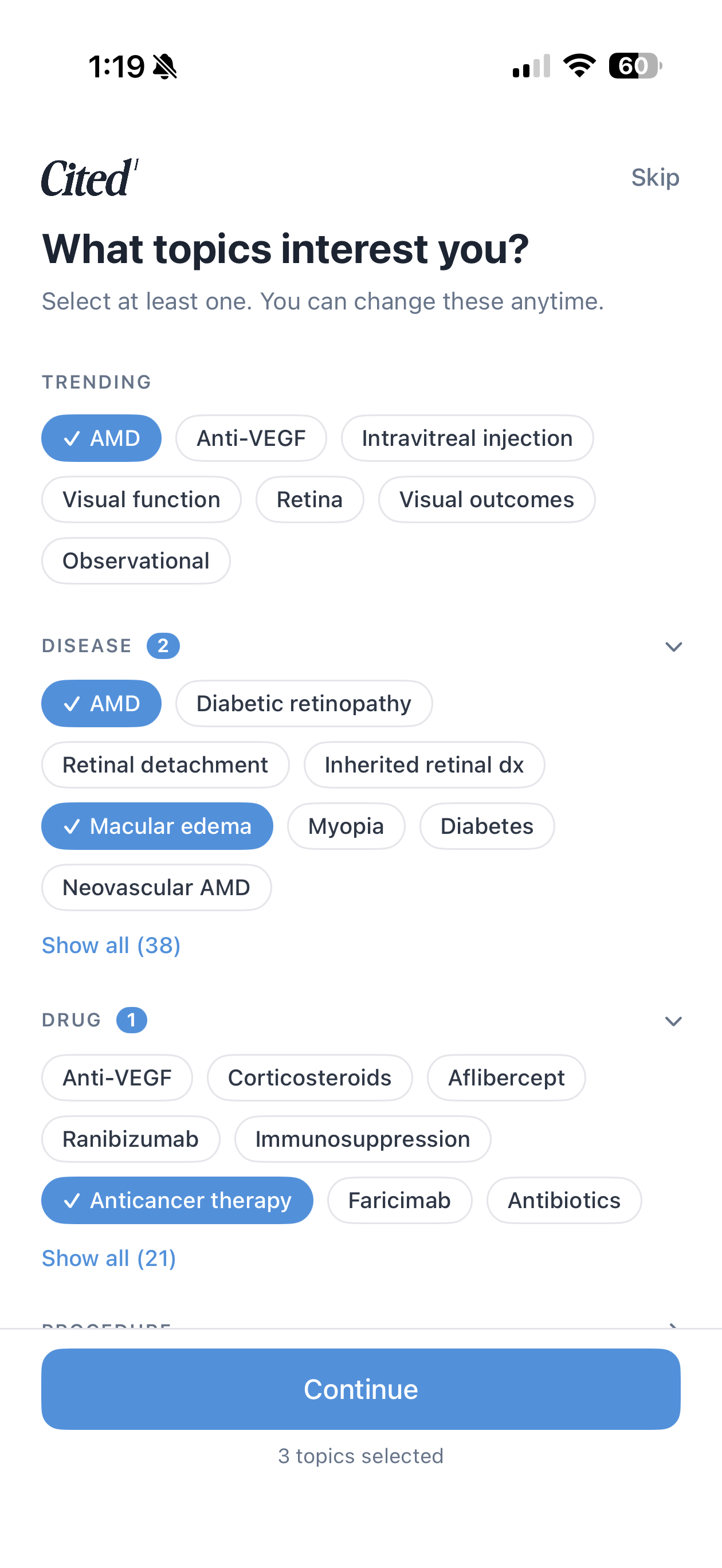 Cited topic picker for selecting retina conditions to follow